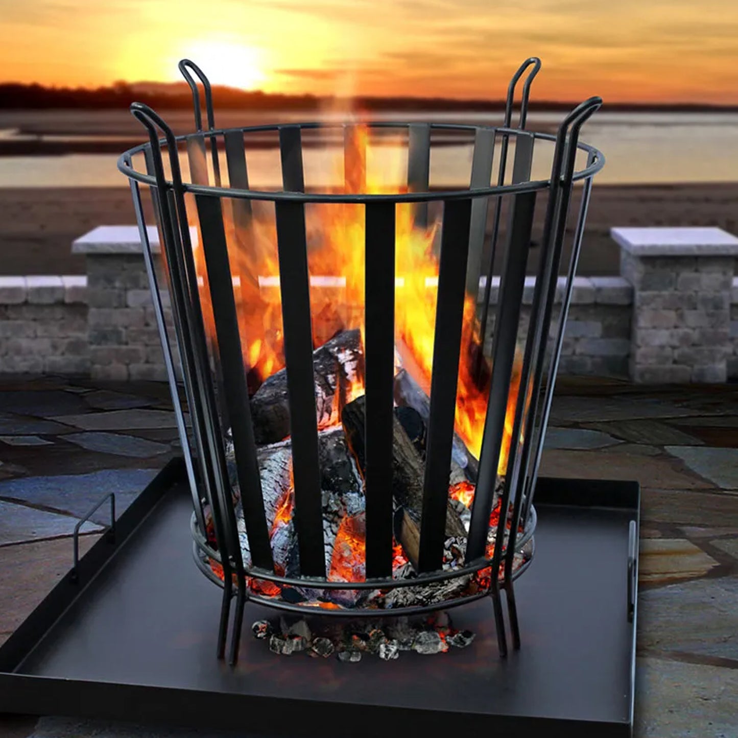 Firepit Burning with Sunset Background